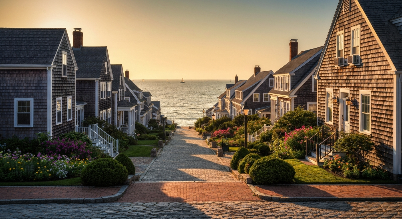 An elegant cedar-shingled coastal street in Manchester-by-the-Sea Massachusetts with manicured gardens and the ocean visible at the end of the lane.