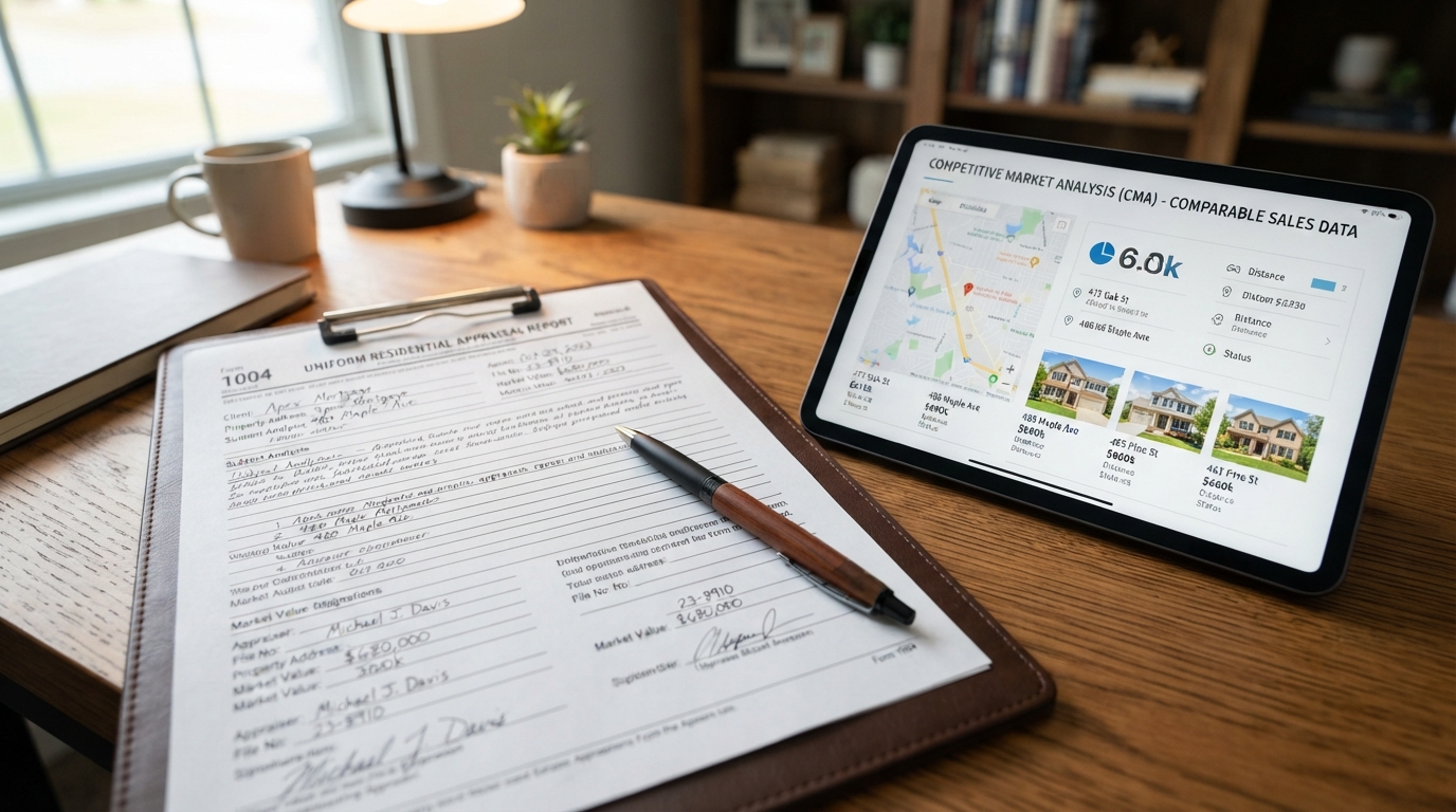 Home appraisal report with comparable sales data and property valuation documents