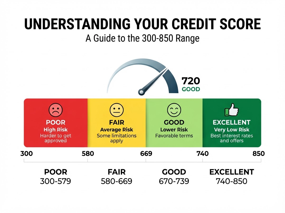 Credit score range from 300 to 850 showing poor, fair, good, and excellent zones