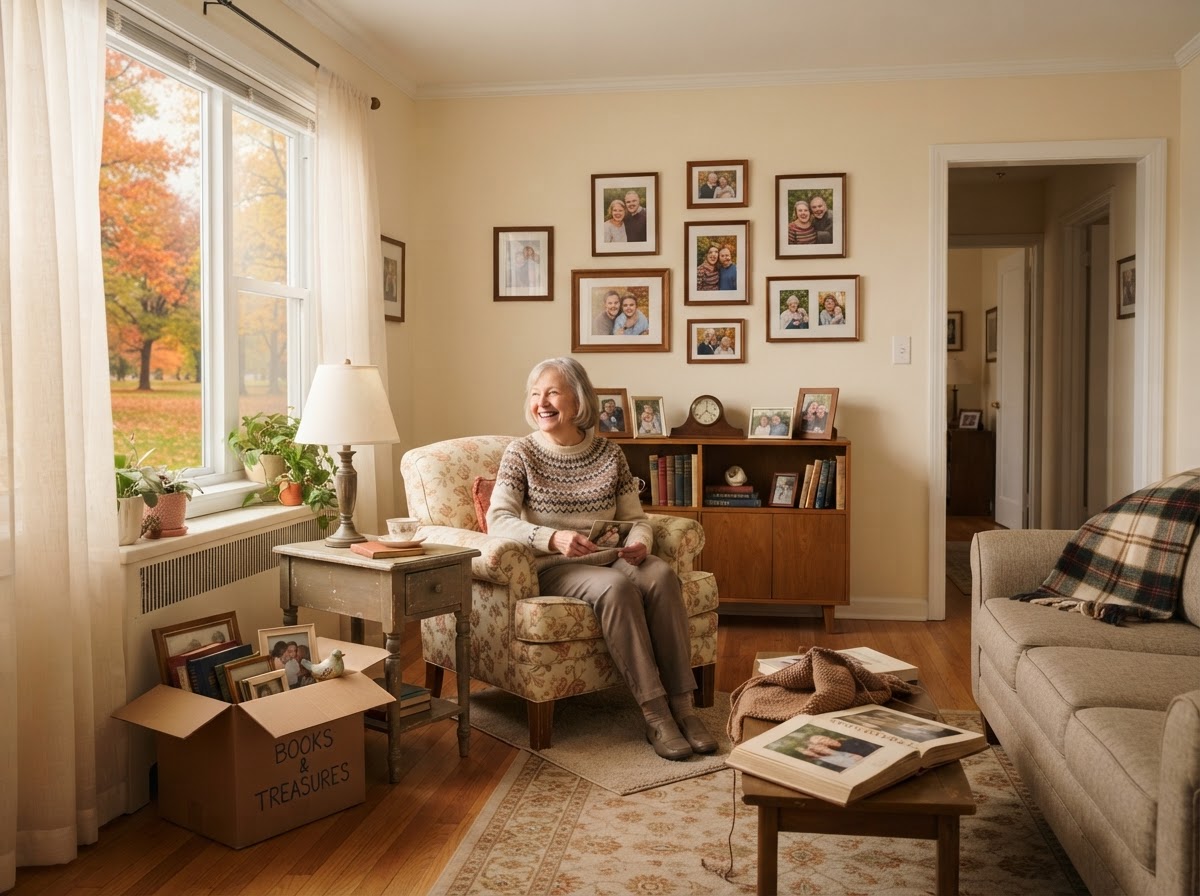 Bright, tidy living room of a downsized senior home with moving boxes and family photos