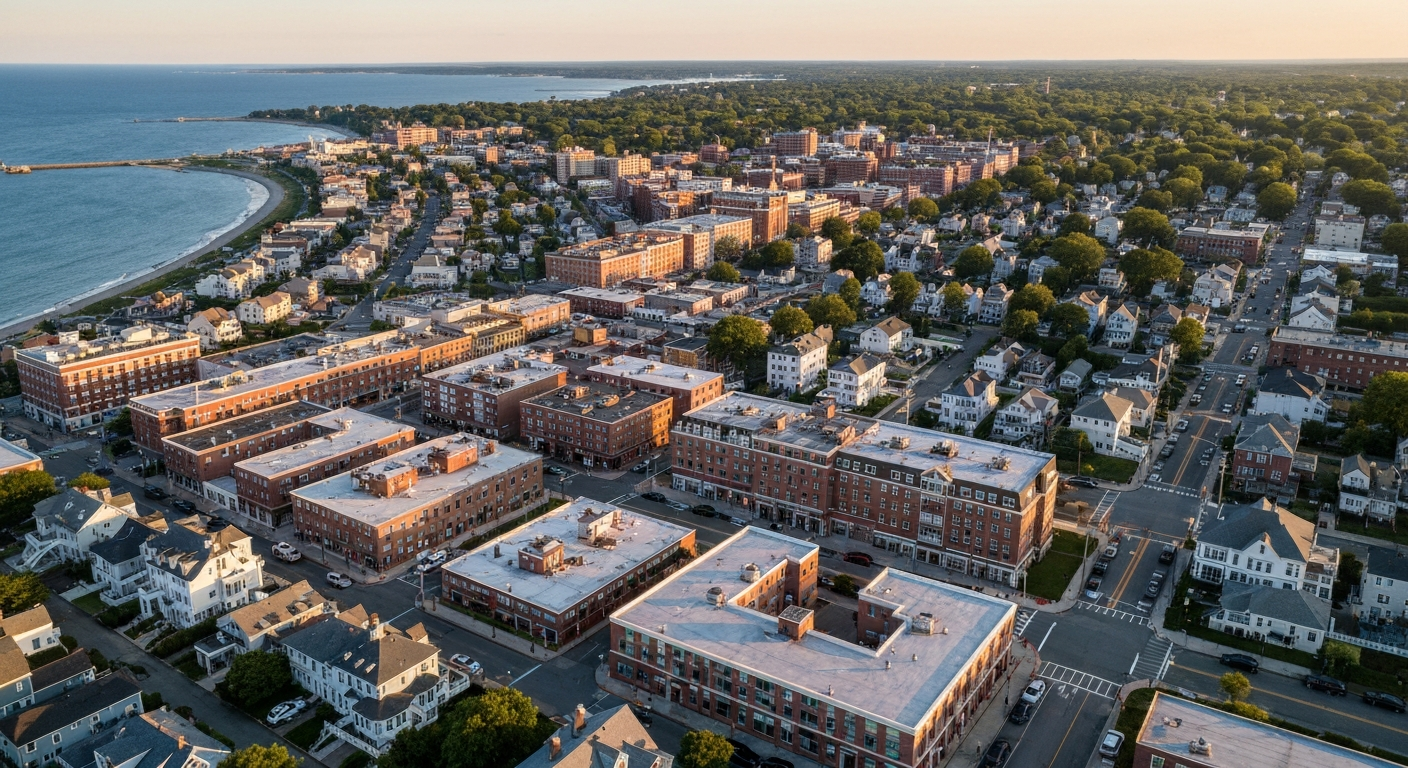 Aerial view of Beverly Massachusetts showing downtown condominiums and residential single-family neighborhoods