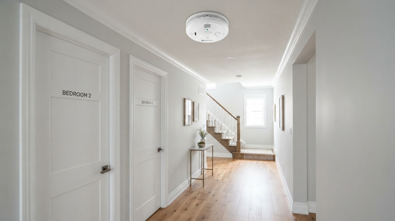 Hallway with smoke detector on the ceiling outside bedroom doors