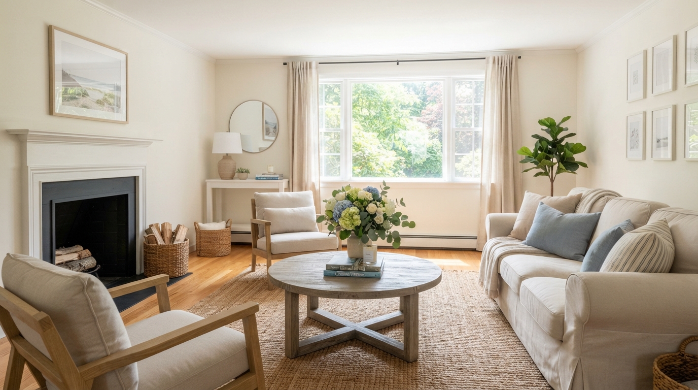 Beautifully staged North Shore living room on a budget