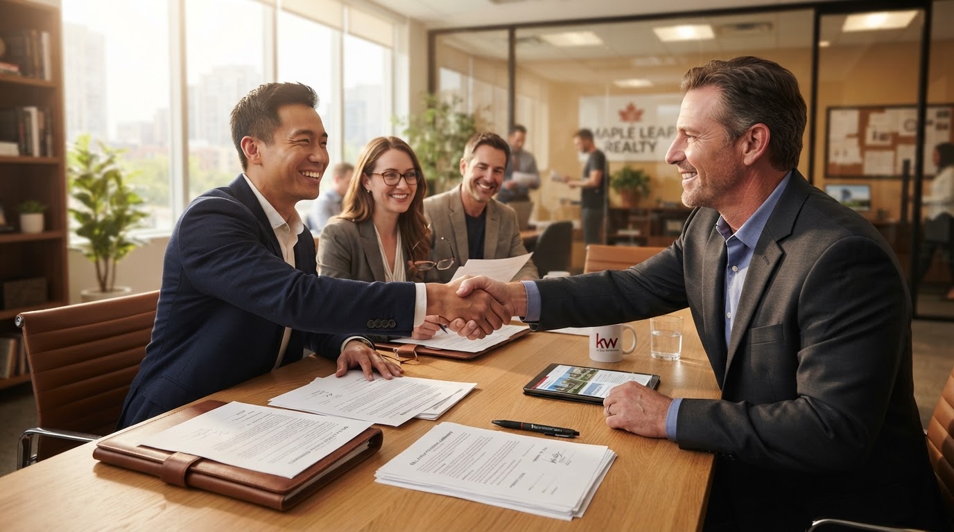 Handshake over real estate documents representing negotiation and agreement