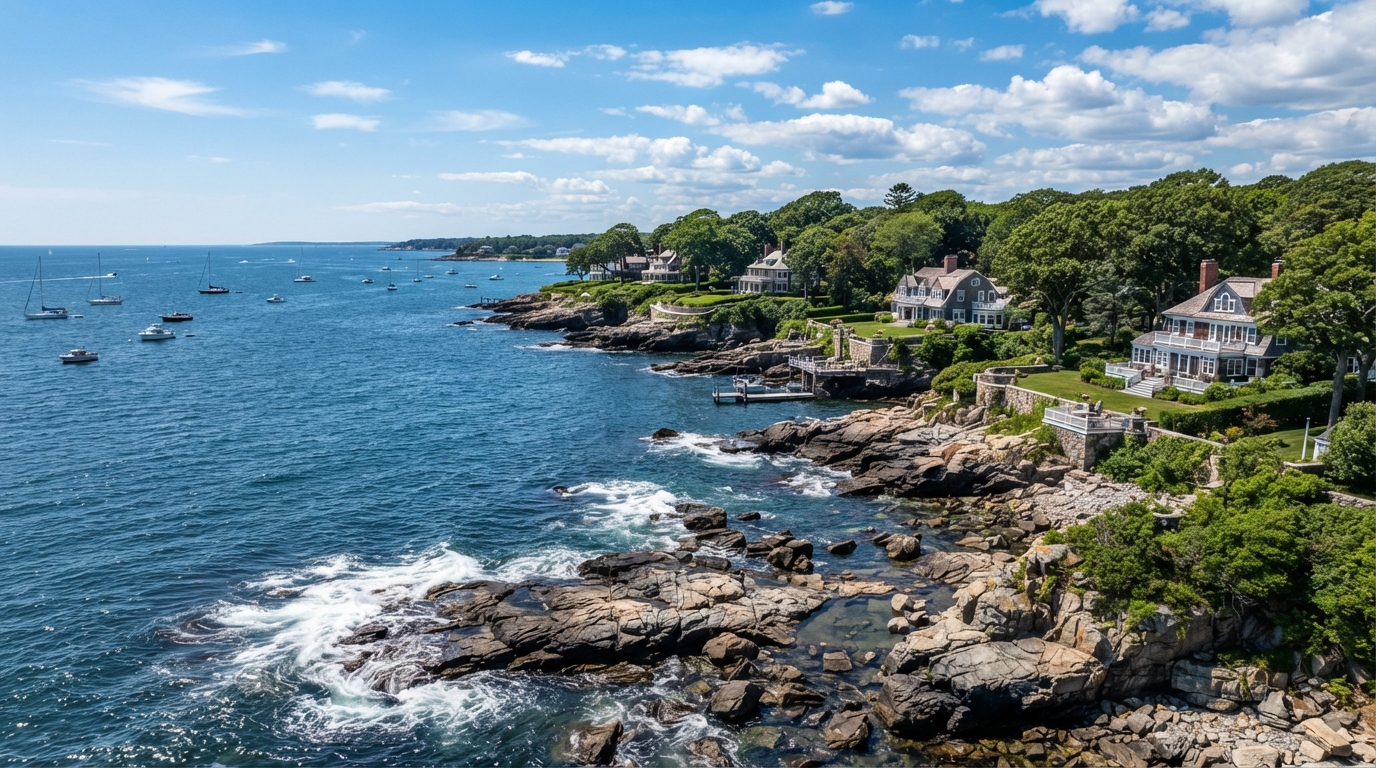 Marblehead Neck coastline with rocky shore and Marblehead Light