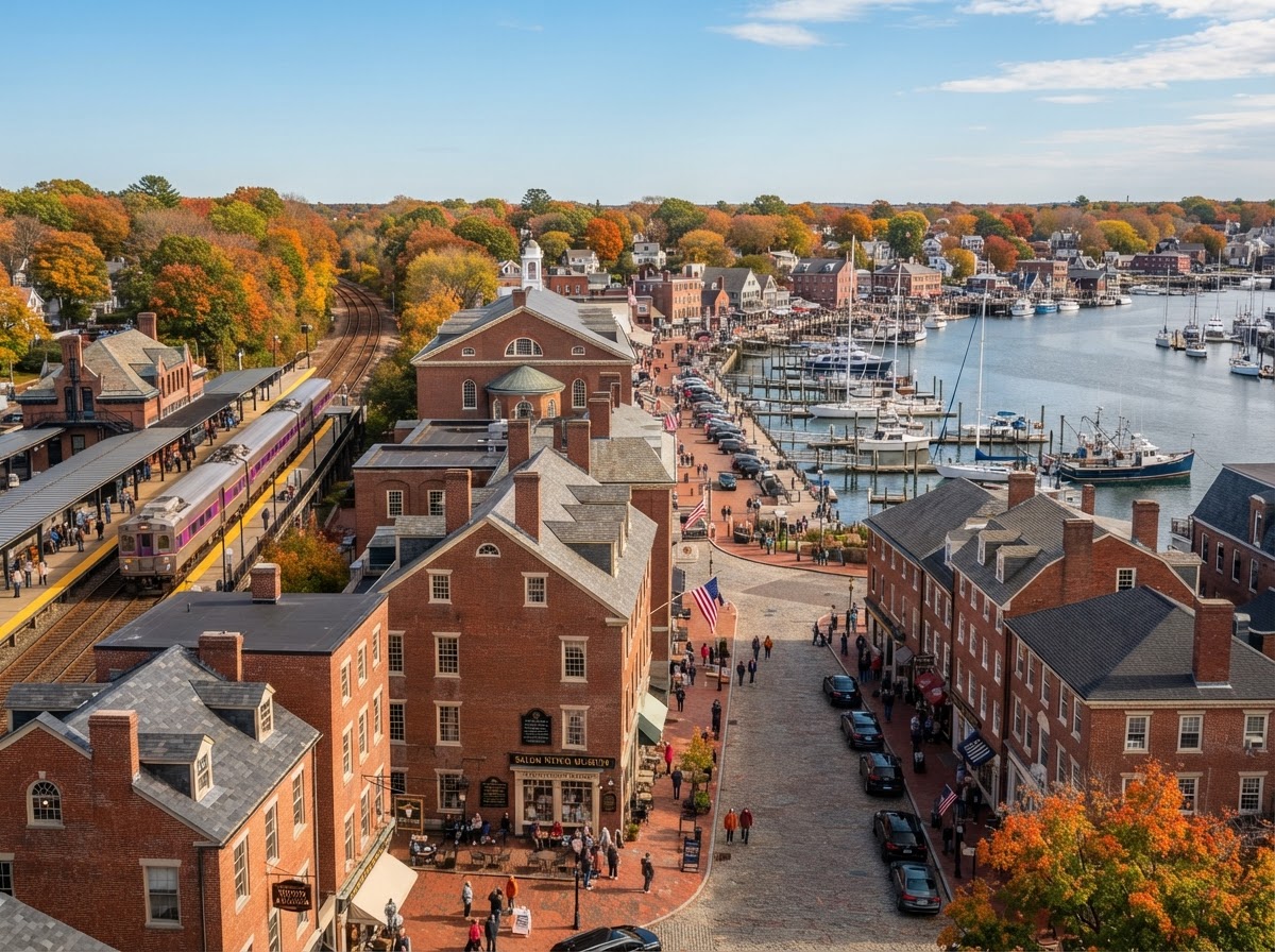 Salem Massachusetts historic downtown with Federal-style brick buildings, Pickering Wharf waterfront, and the MBTA commuter rail station visible