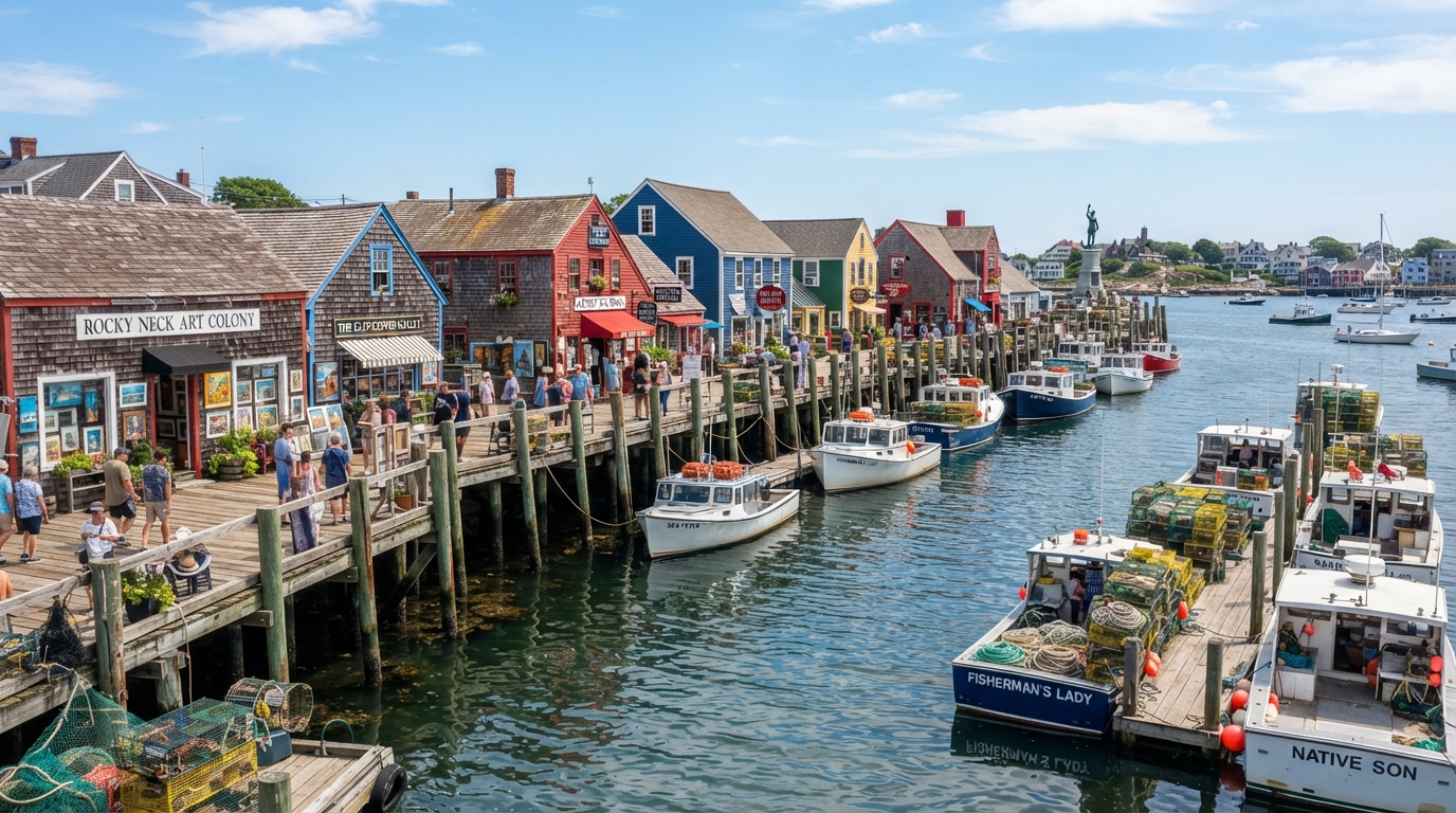 Rocky Neck Art Colony in Gloucester Massachusetts with colorful waterfront artist studios and galleries along the pier