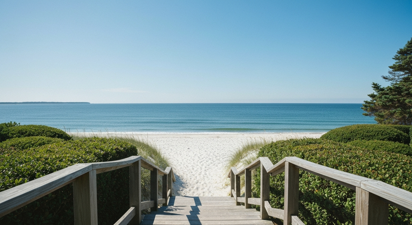 A pristine, secluded private beach on Boston's North Shore, wooden stairs leading down to the sand, calm ocean waves