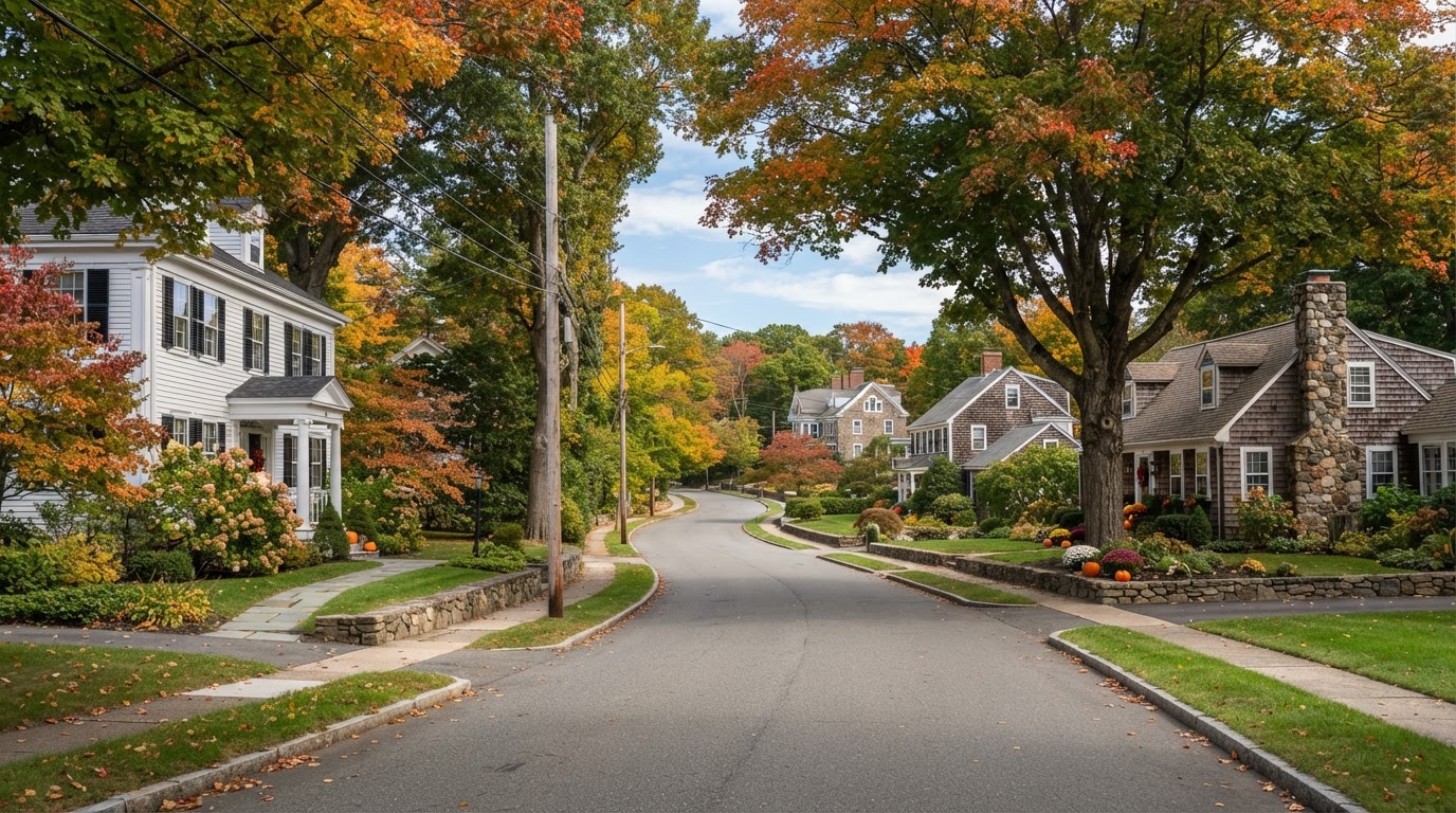 Quiet North Shore neighborhood street in early fall with trees showing autumn colors