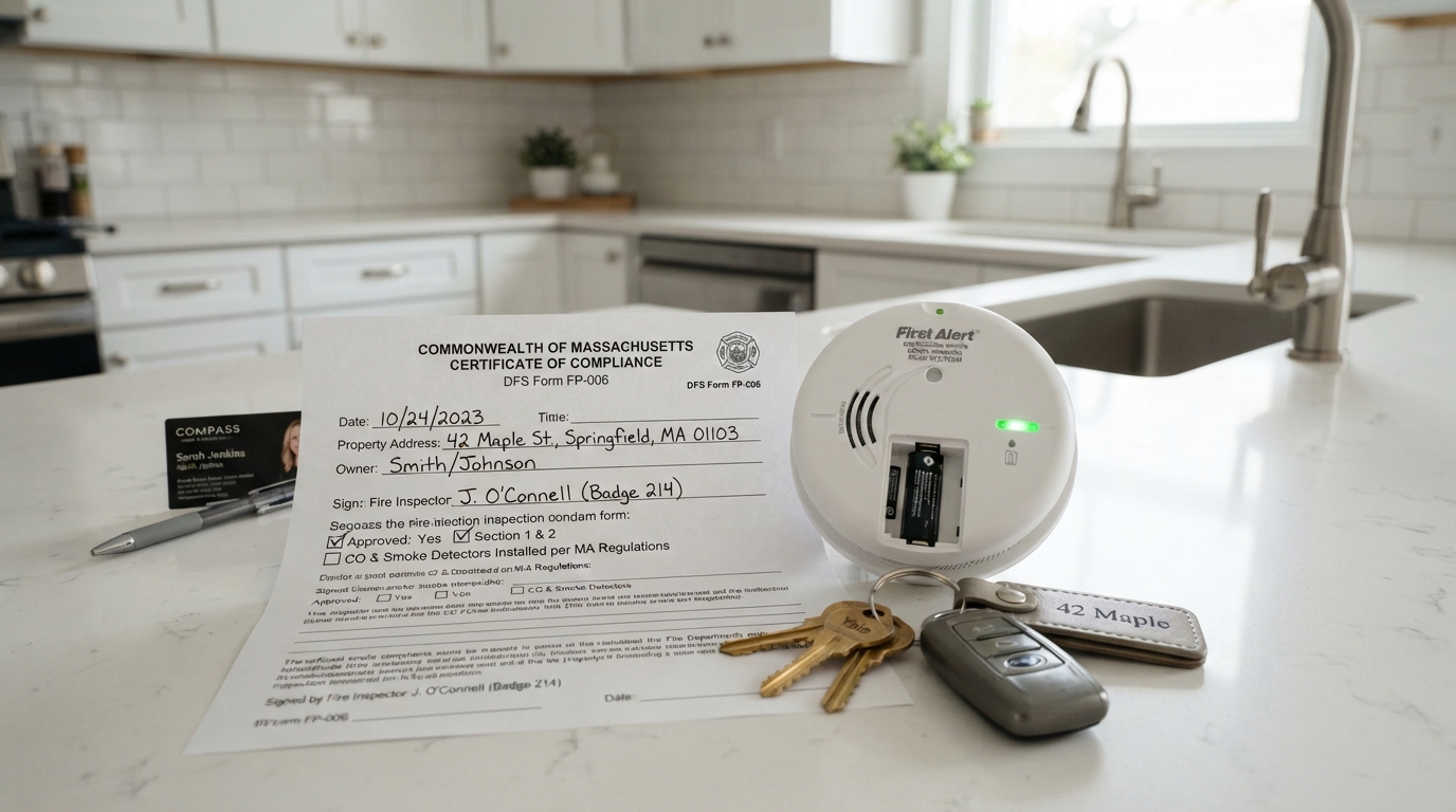 Massachusetts fire department smoke detector inspection form on a kitchen counter