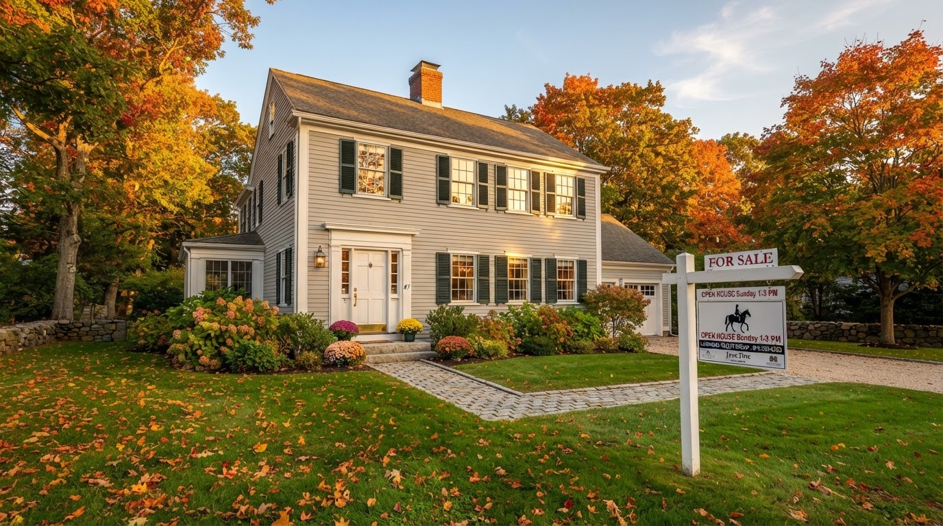 North Shore colonial home with for sale sign in early September