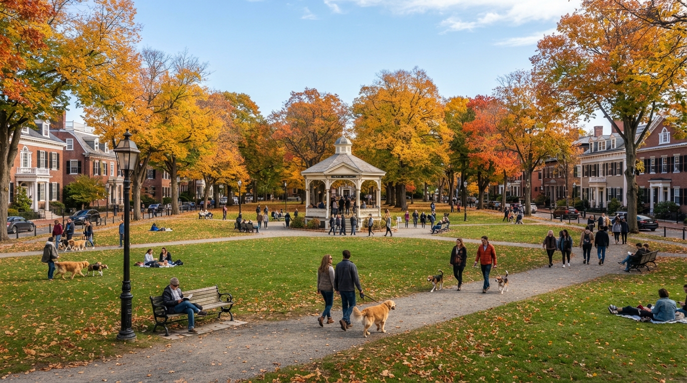 Salem Common park in Salem Massachusetts on a crisp autumn afternoon with golden fall foliage and historic homes
