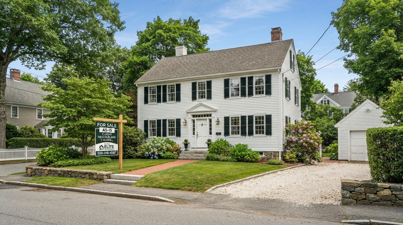 Classic New England colonial home sold as-is with a for sale sign