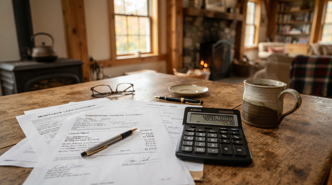 Calculator with mortgage documents and coffee on a kitchen table — affordability planning for North Shore home buyers