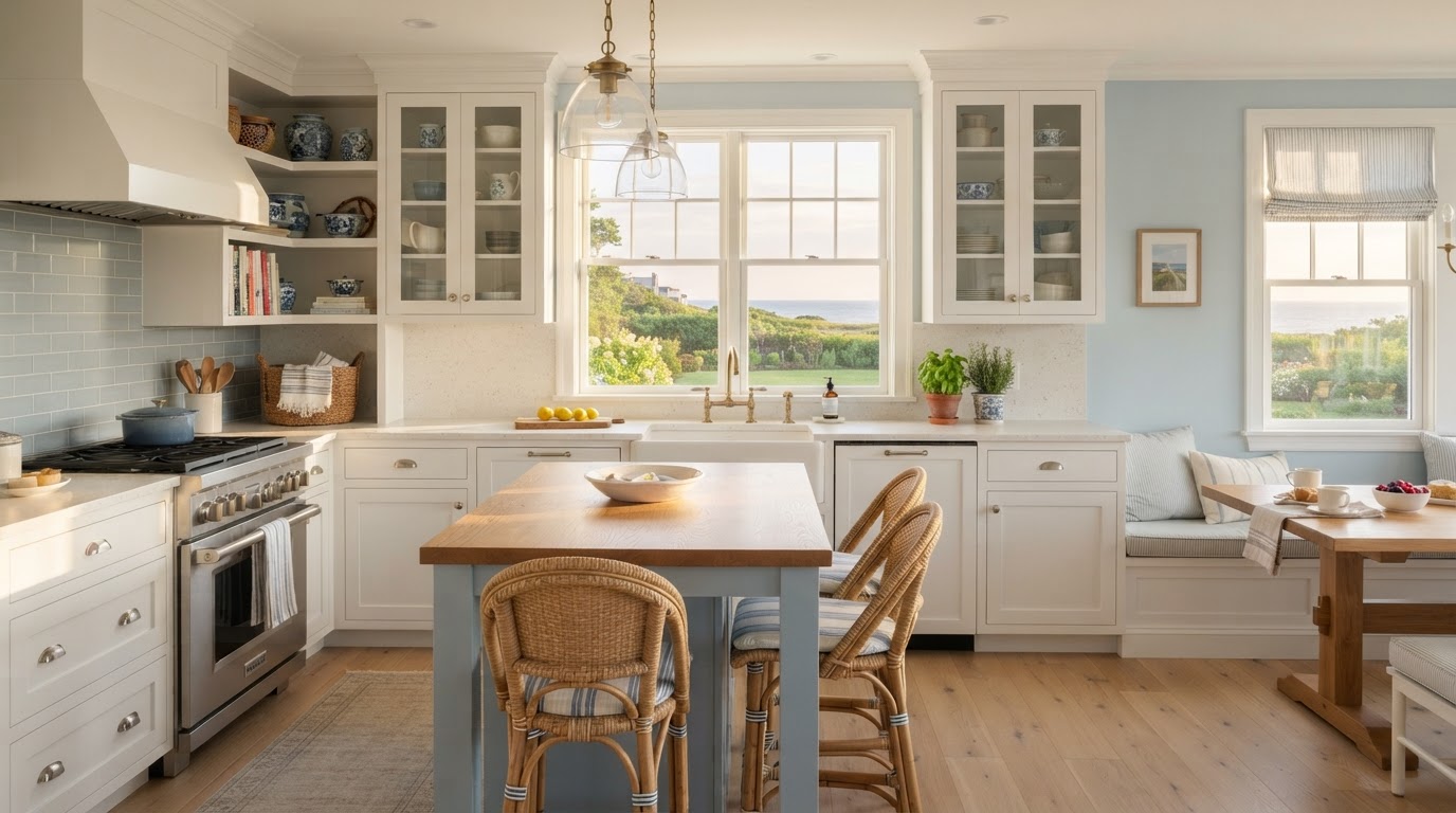 Bright coastal kitchen staging with white cabinetry and quartz countertops