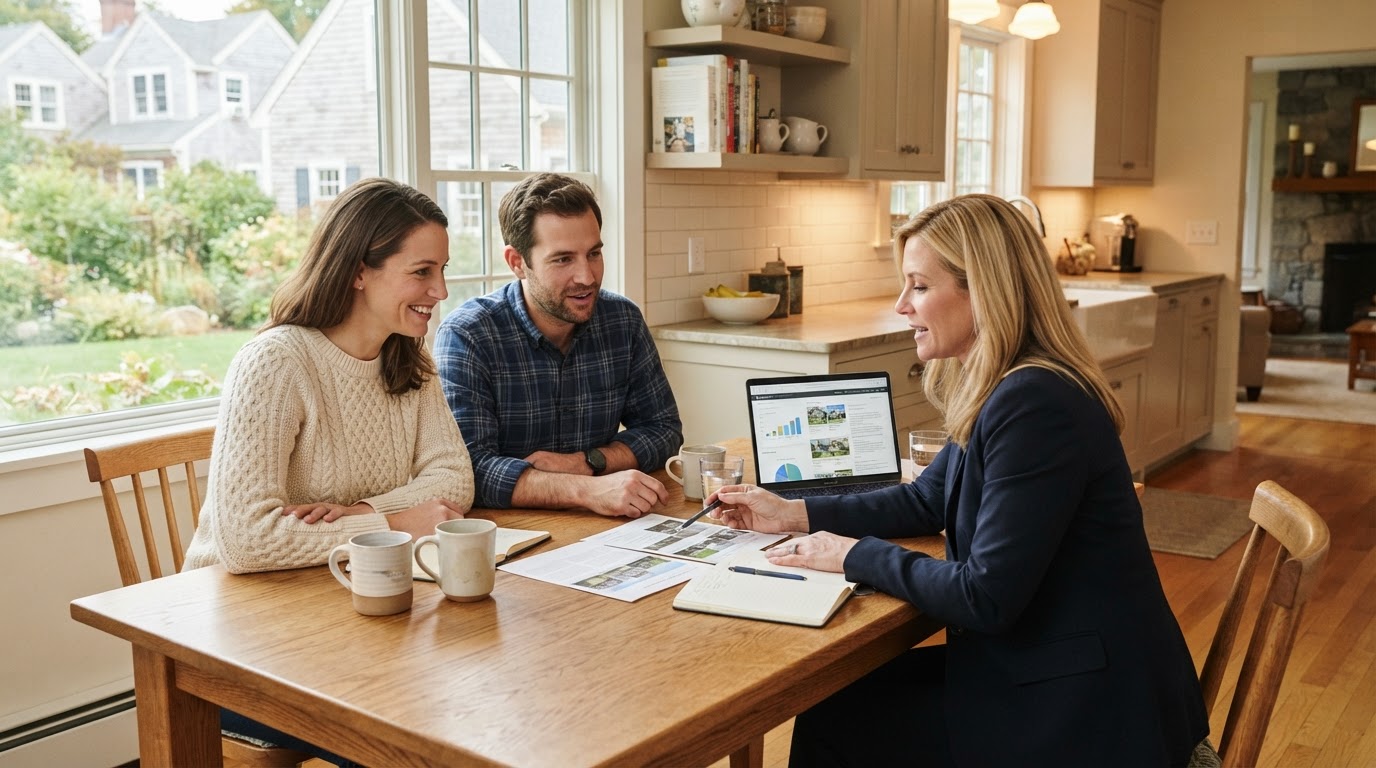 A couple meeting with their real estate agent at a kitchen table to discuss buying a home