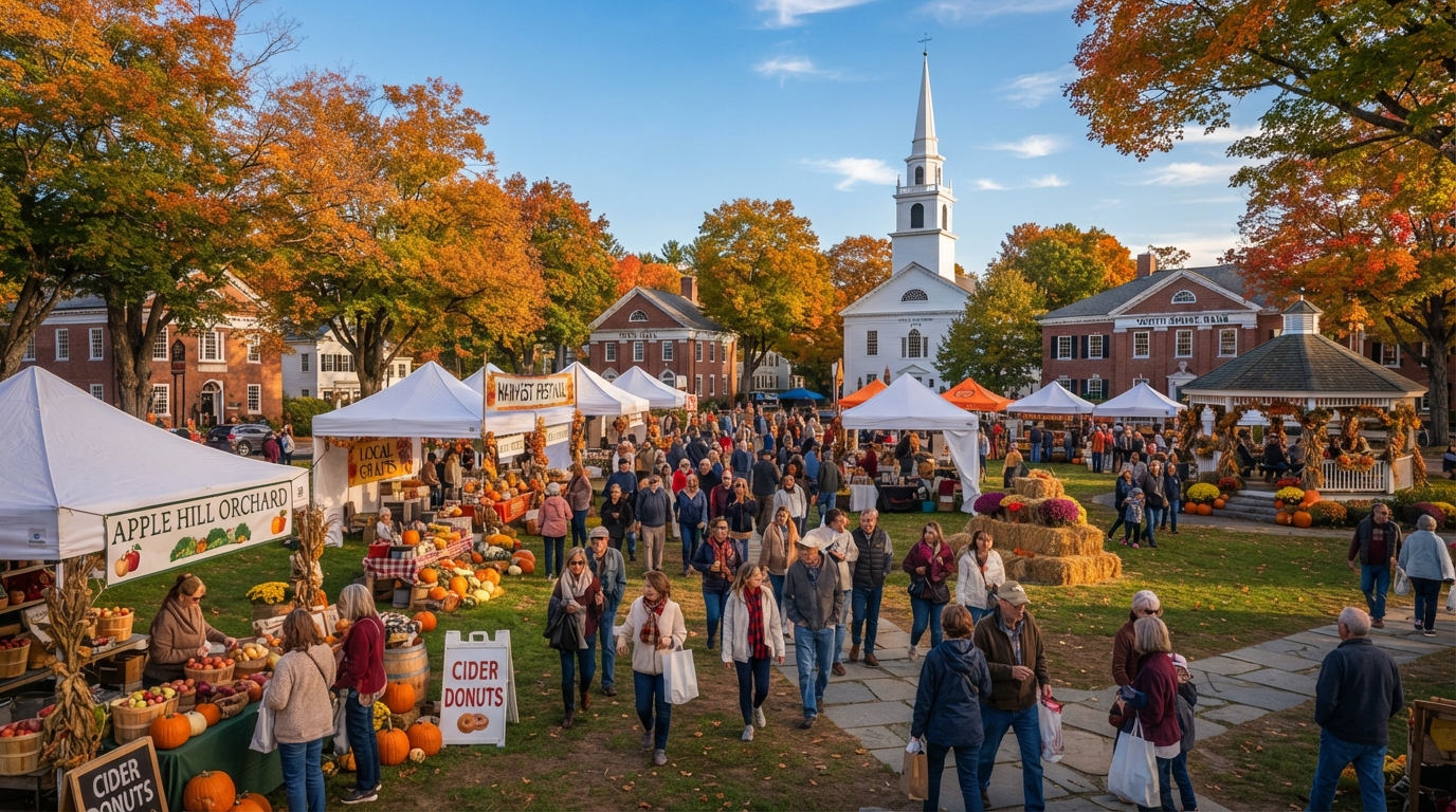 Harvest festival on Boston's North Shore with white tents on a town common surrounded by fall foliage and historic colonial buildings