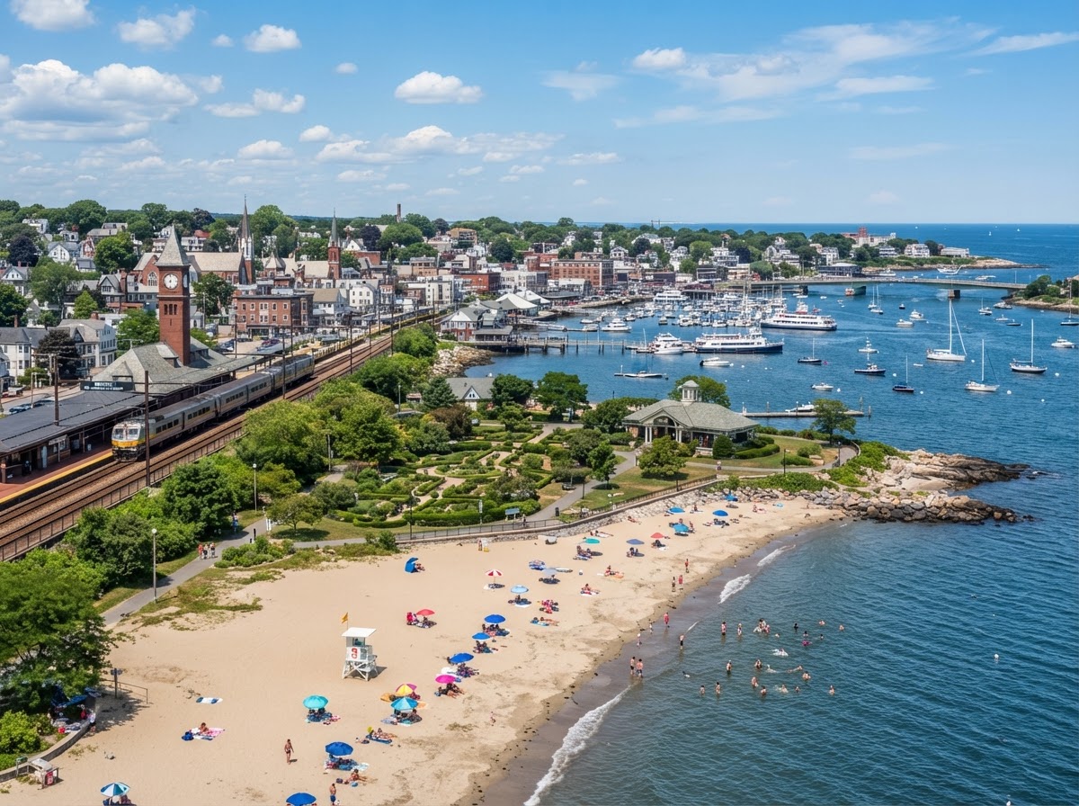 Beverly Massachusetts waterfront with Lynch Park beaches and the commuter rail station visible along the North Shore coastline