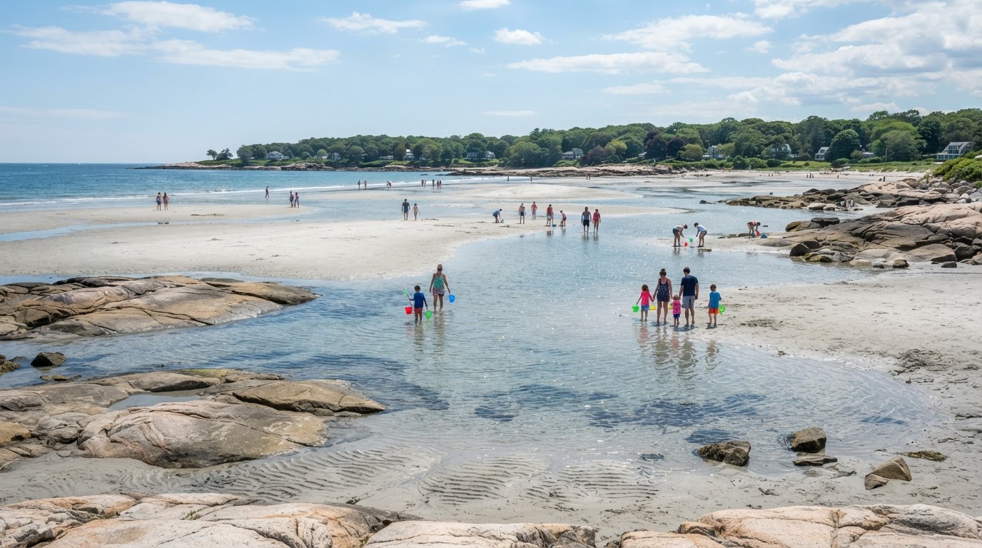 Wingaersheek Beach in Gloucester Massachusetts at low tide with exposed white sand bars and smooth rock formations