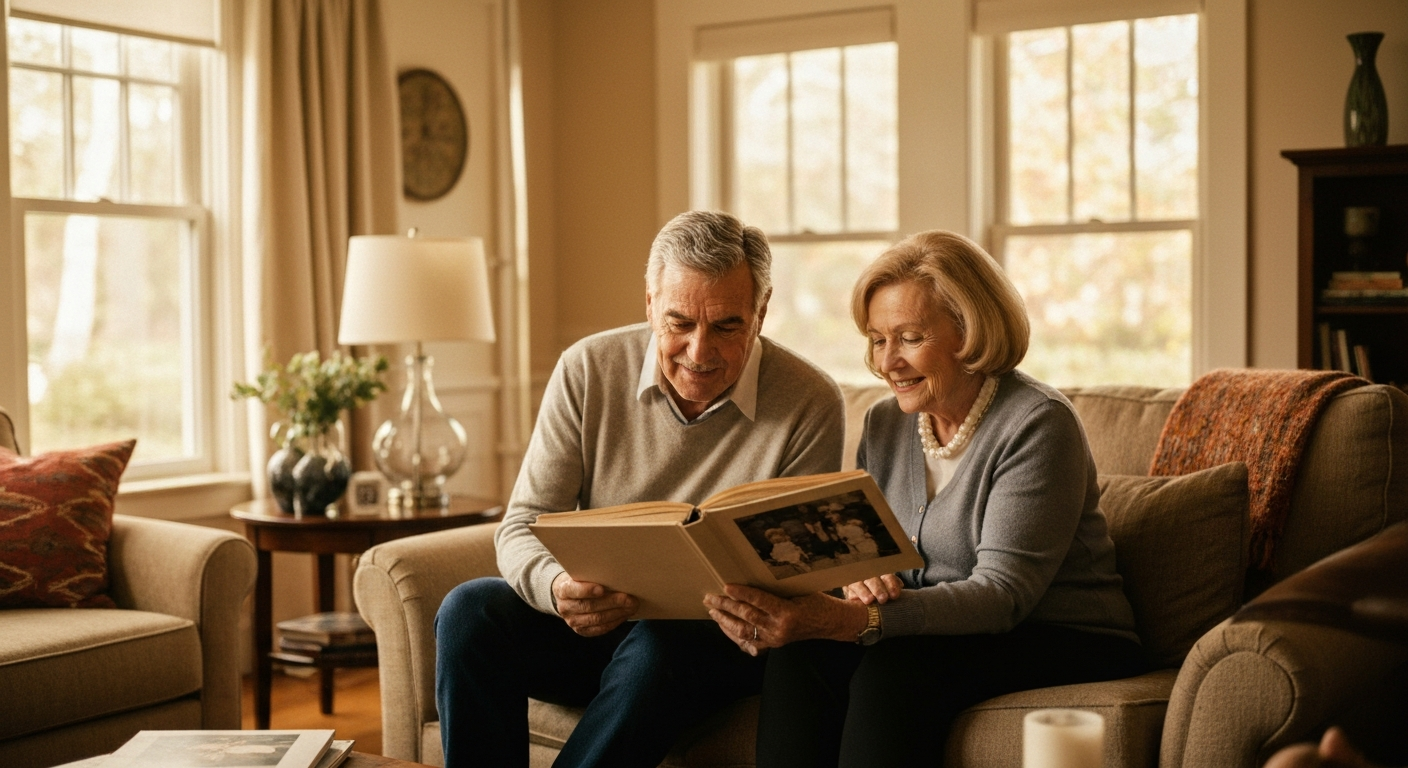 A warm, sunlit living room in a North Shore home, comfortable and cozy, a senior couple looking through a photo album together