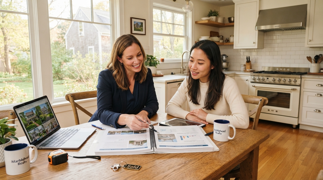 Home buyer reviewing inspection report with real estate agent