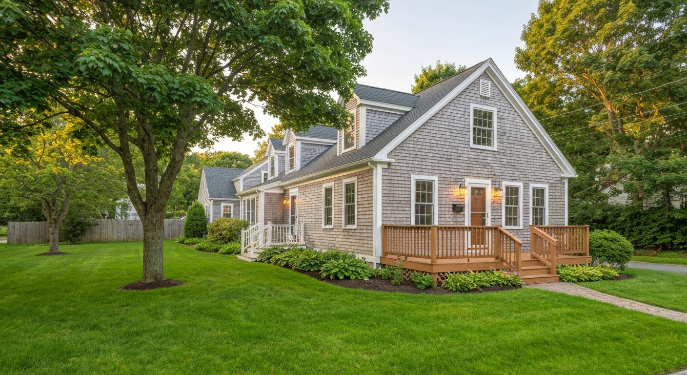 A well-maintained private backyard and deck of a single-family home in Ipswich Massachusetts
