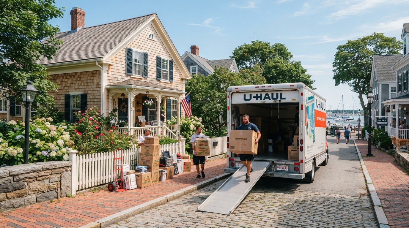 Moving truck parked outside a charming New England home on the North Shore of Massachusetts
