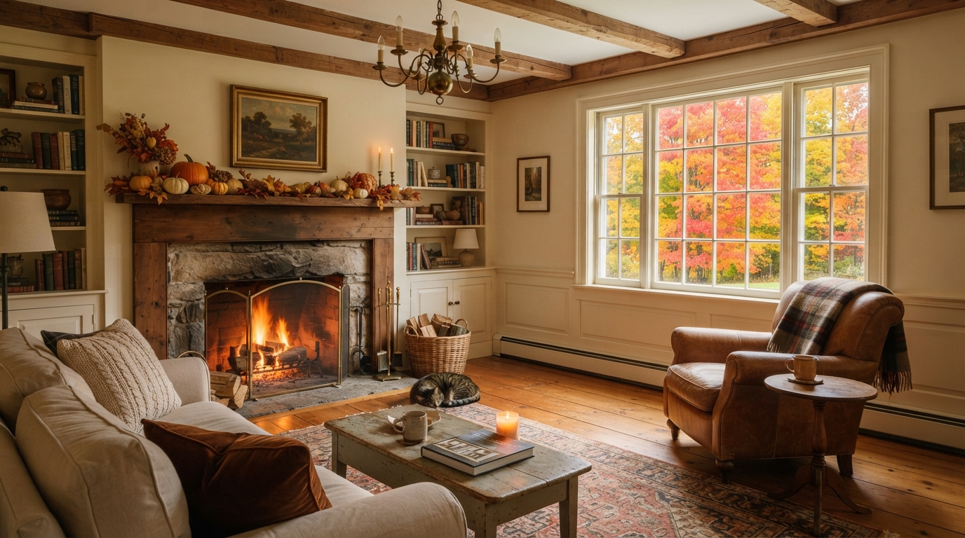 Cozy New England home interior in autumn with fireplace and fall foliage visible through the window