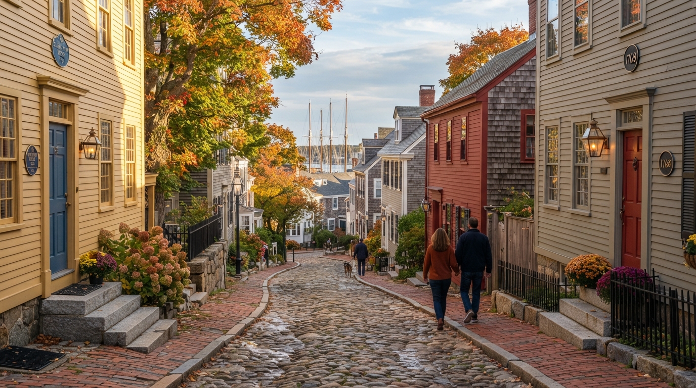 Historic Old Town Marblehead with 18th century colonial homes on narrow streets