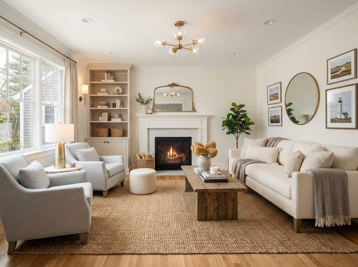 Beautifully staged North Shore living room with neutral tones, fresh paint, and updated lighting