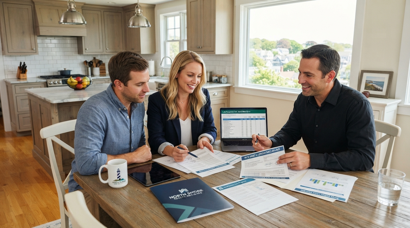A couple reviewing loan program options with a real estate agent at a kitchen table