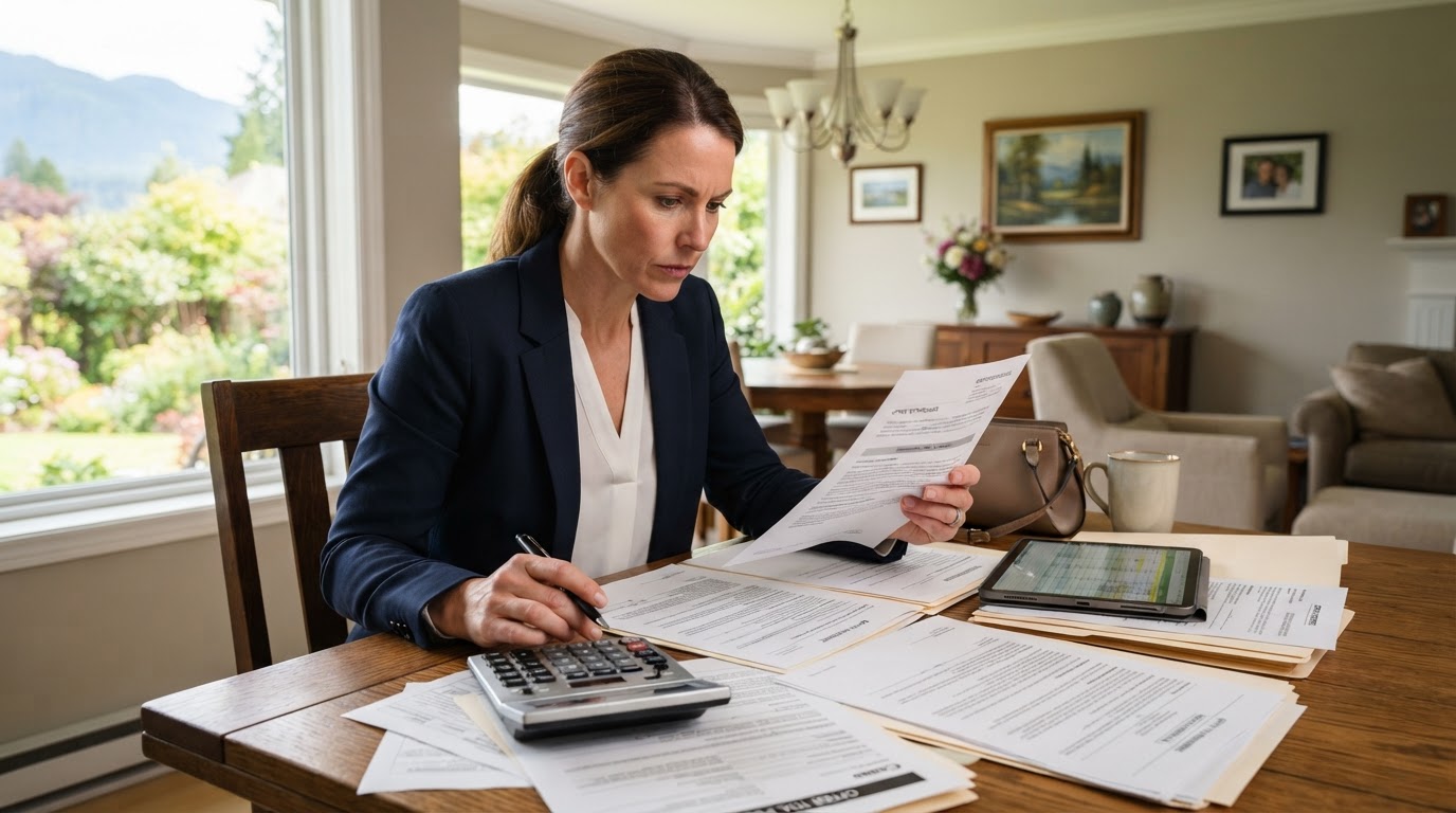 Real estate agent reviewing multiple offer letters at a dining table