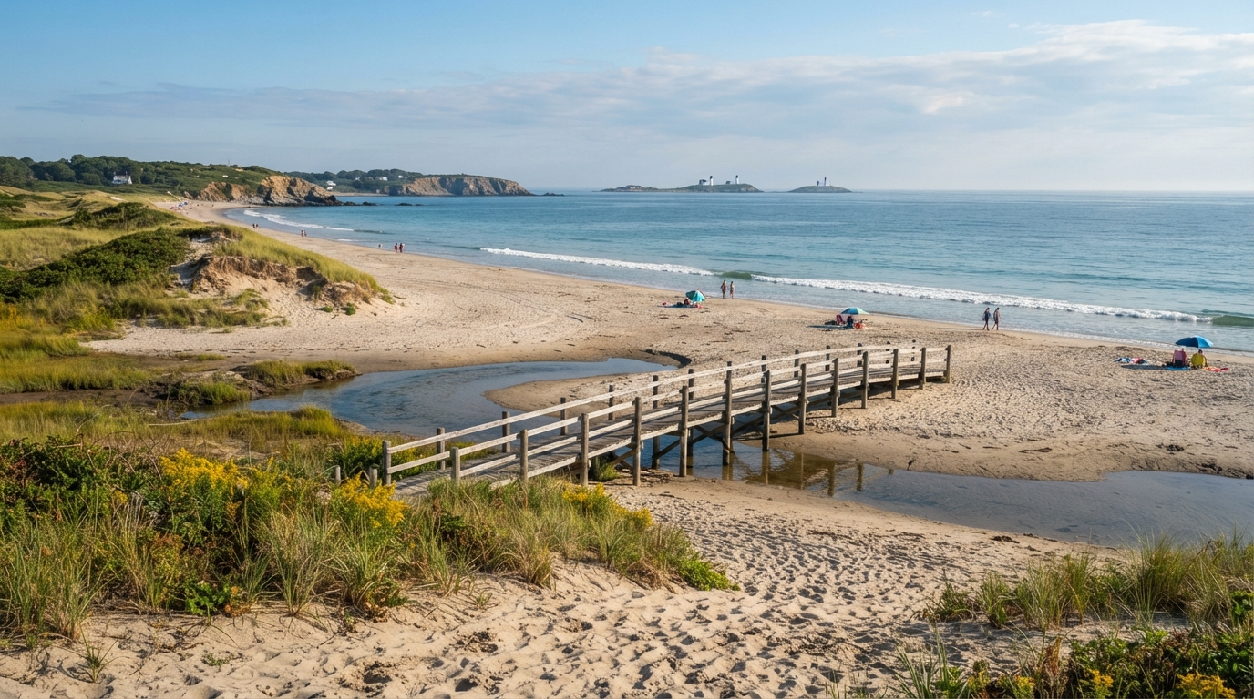 Good Harbor Beach in Gloucester Massachusetts on a clear summer morning with wide sandy beach and gentle waves