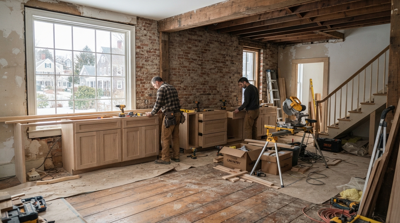 Interior of a historic North Shore home mid-renovation with new kitchen cabinets