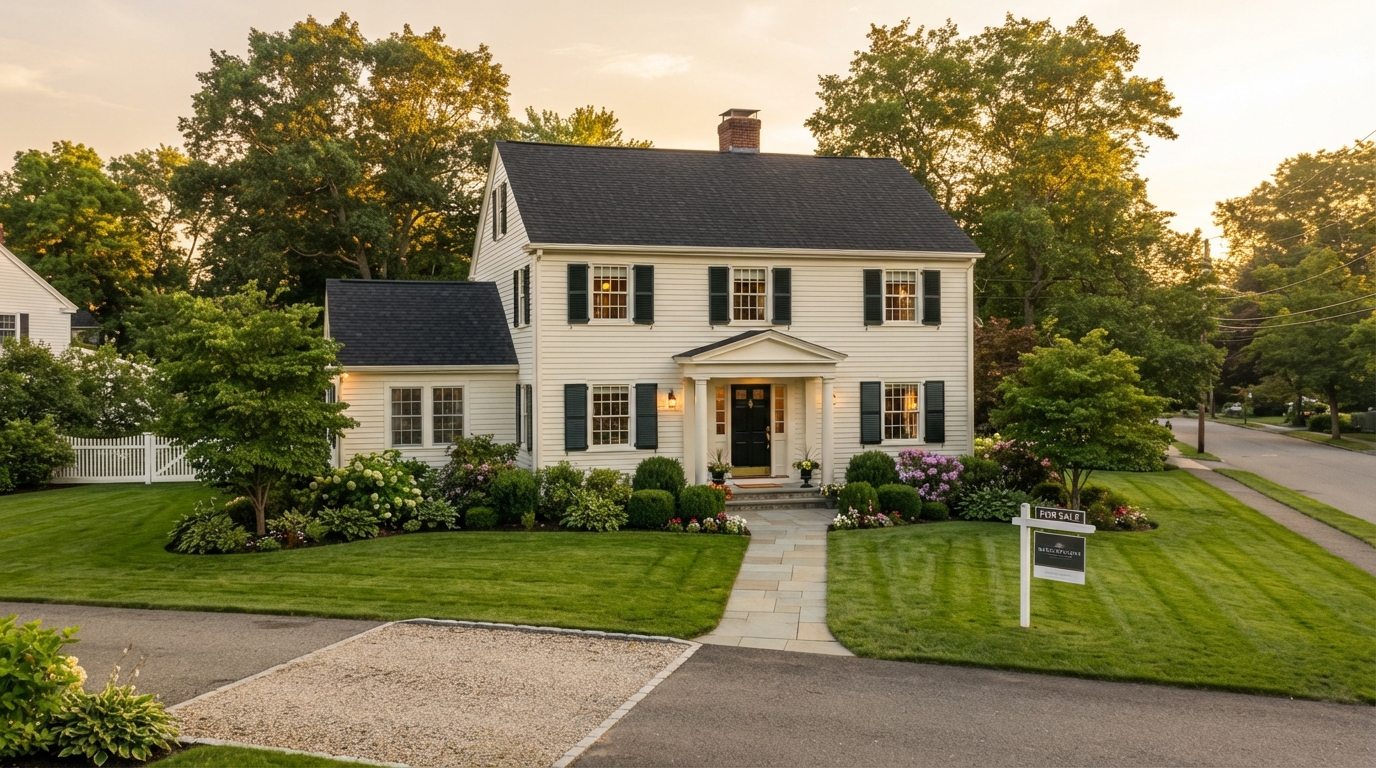 Classic New England colonial home exterior, freshly painted and ready for sale, golden hour lighting