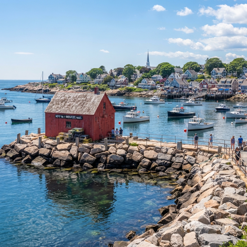 Rockport Harbor with Motif No. 1, the famous red fishing shack, surrounded by granite boulders along the Cape Ann shoreline