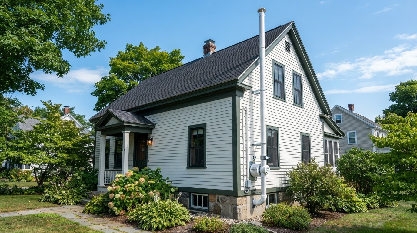 Radon mitigation pipe on the exterior of a New England home