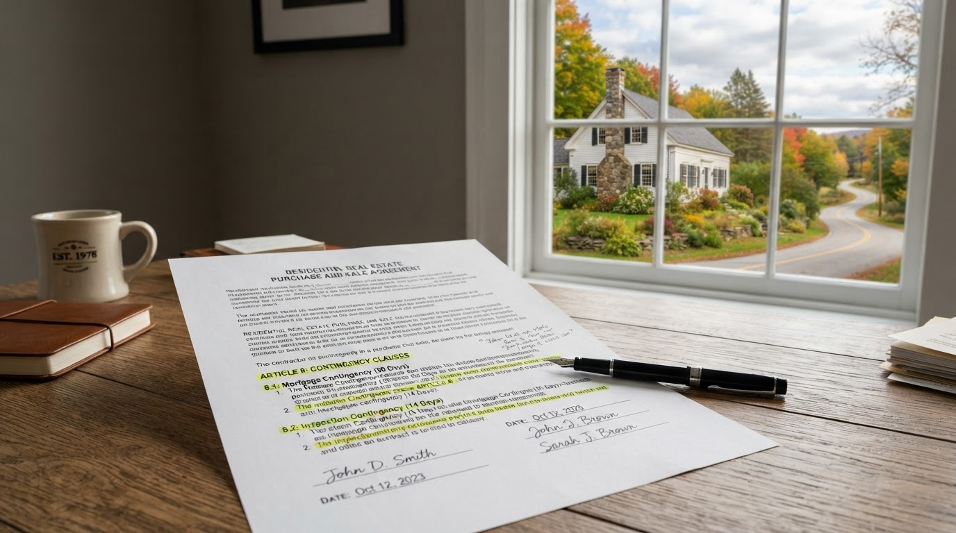 Purchase and sale agreement with highlighted contingency clauses on a desk