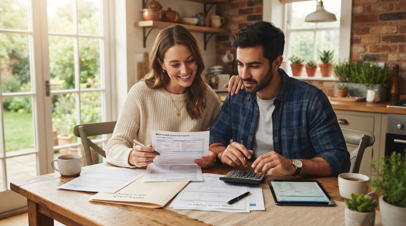 Couple reviewing mortgage documents and PMI costs at kitchen table