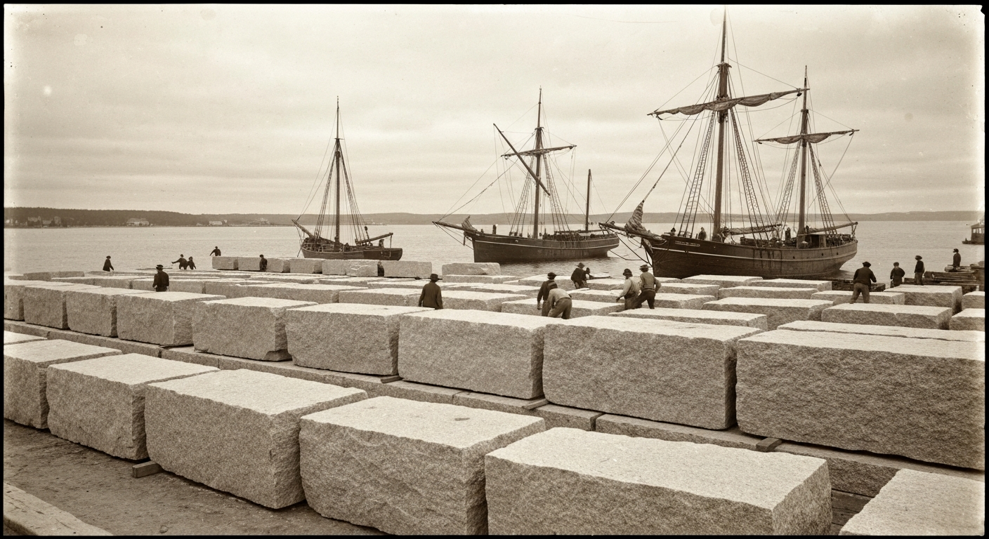 Massive Cape Ann granite blocks stacked beside schooners at Rockport Harbor