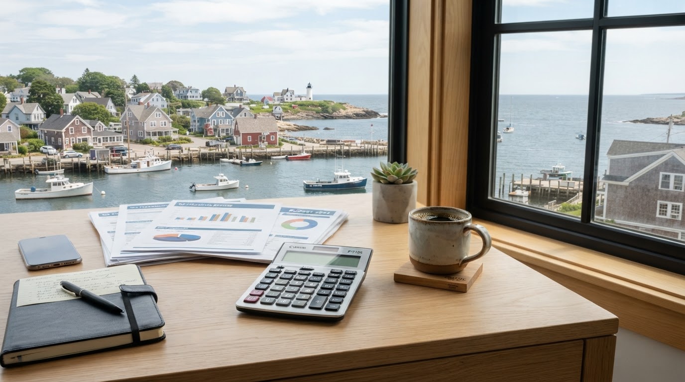 Financial documents and calculator on a desk with a coastal New England town visible through the window