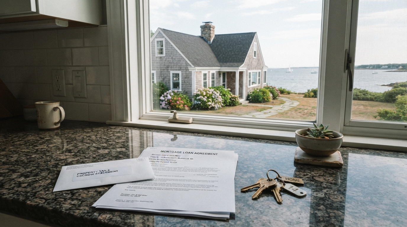 North Shore Massachusetts coastal home with mortgage documents and keys representing property tax escrow accounts