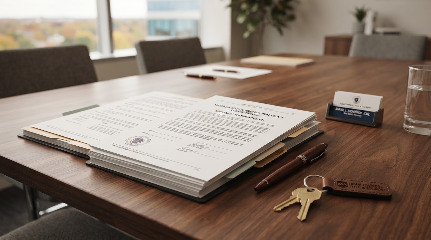 Massachusetts real estate closing table with documents and keys representing the escrow process