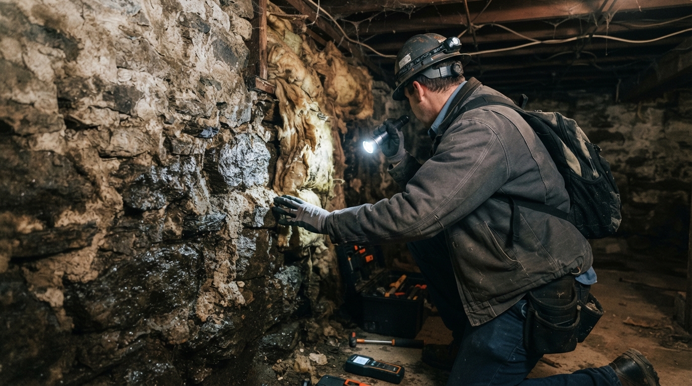 Home inspector examining an old stone foundation wall with flashlight during mold and asbestos inspection