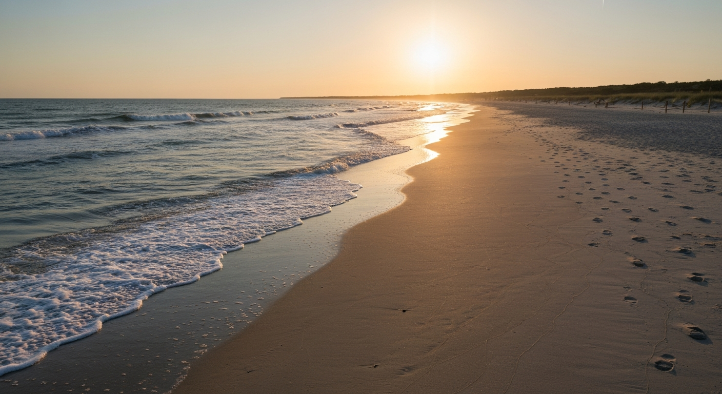 A wide, breathtaking editorial photograph of Salisbury Beach State Reservation at sunrise, with soft golden light hitting the wide sandy beach, gentle ocean waves, and a serene, uncrowded coastal atmosphere.