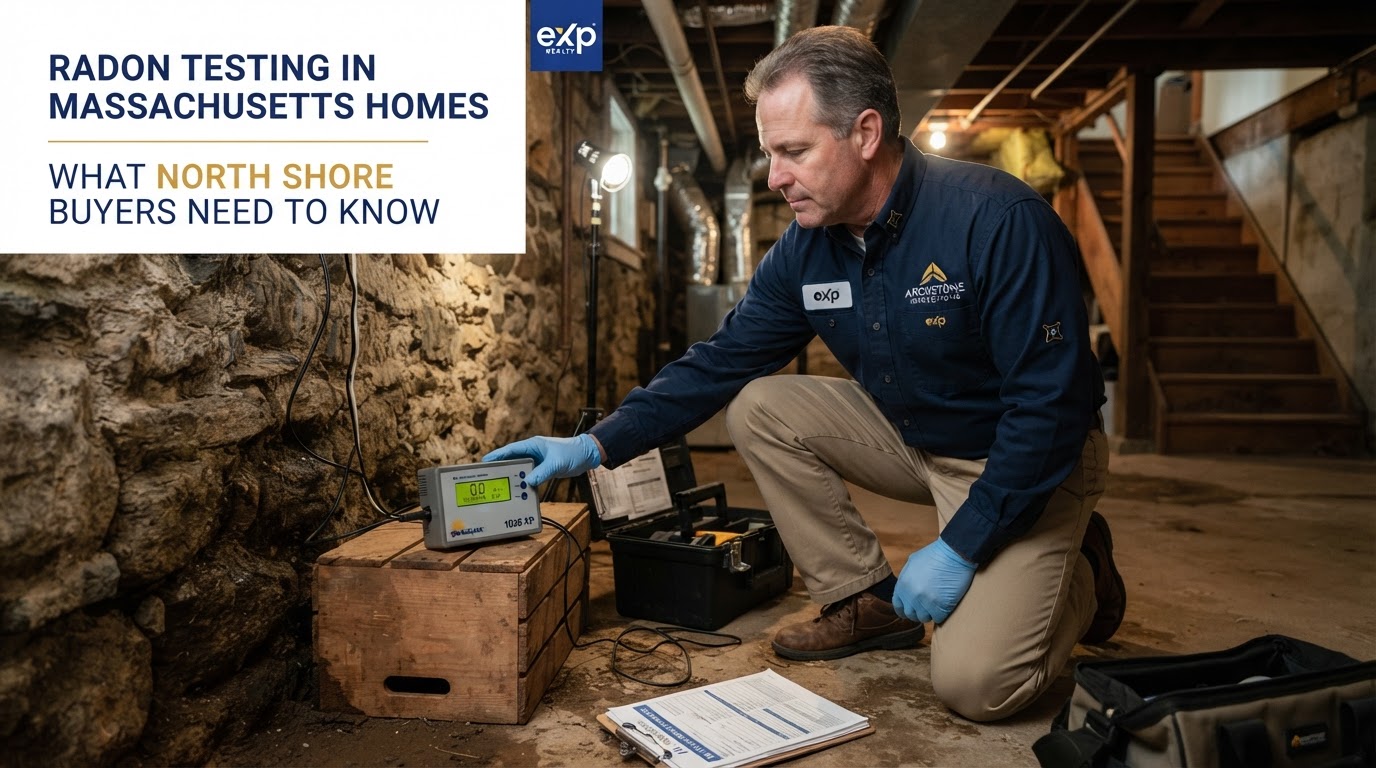 Radon testing device in a basement of a North Shore Massachusetts home