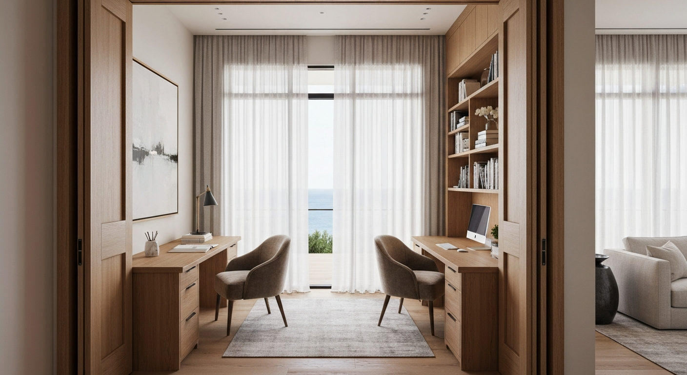 A sophisticated home office nook with pocket doors in a North Shore coastal home, soft morning light, layered textures, and true acoustic privacy.