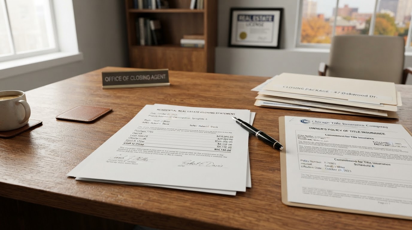 Title insurance closing documents on a desk with pen, representing the title search process in Massachusetts real estate