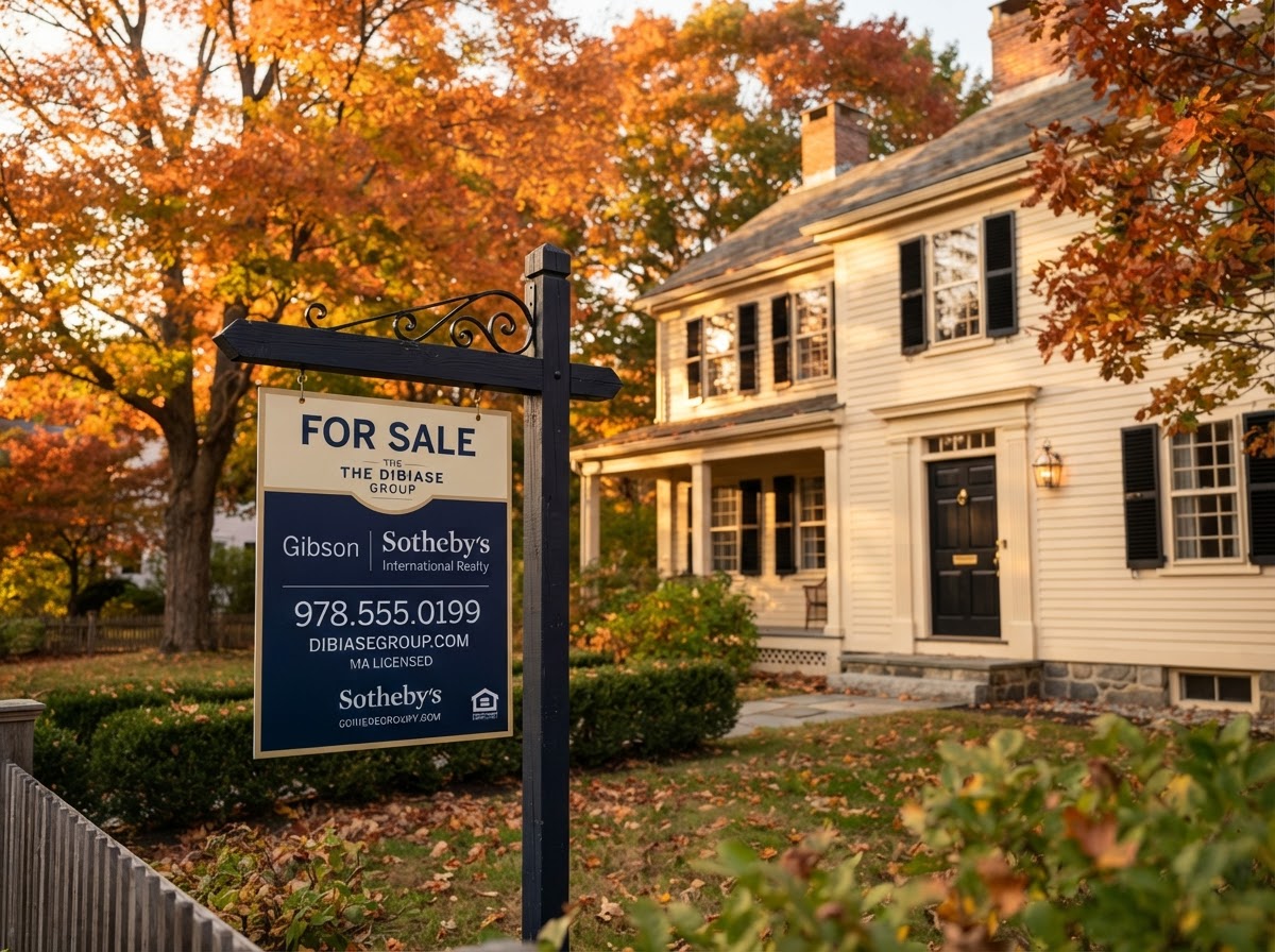 For Sale sign in front of a historic North Shore colonial home with autumn foliage