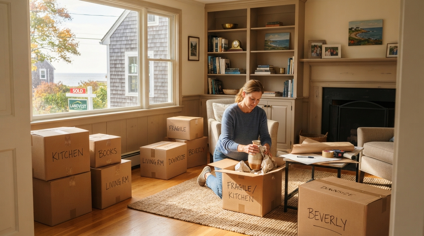 Boxes and packing for a home sale and downsizing, a tidy organized room being decluttered
